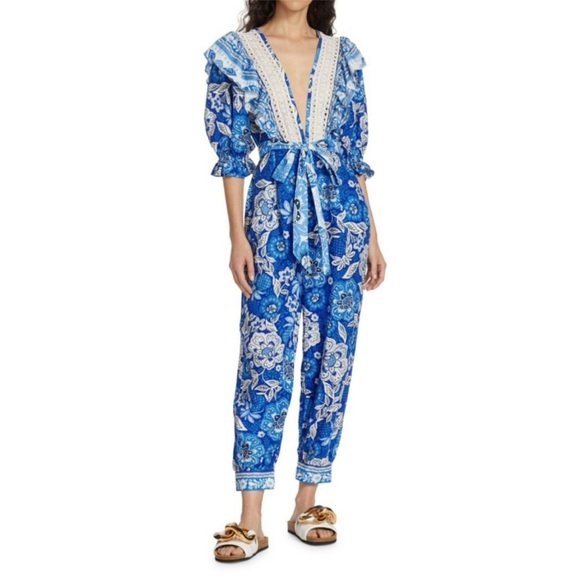 FARM Rio Full of Flowers Floral Jumpsuit Blue White Crochet Trim V Neck Boho - Picture 4 of 15